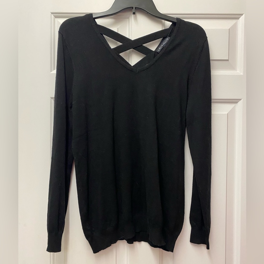 Love Ellie black long sleeved sweater, size L, criss cross accent on back